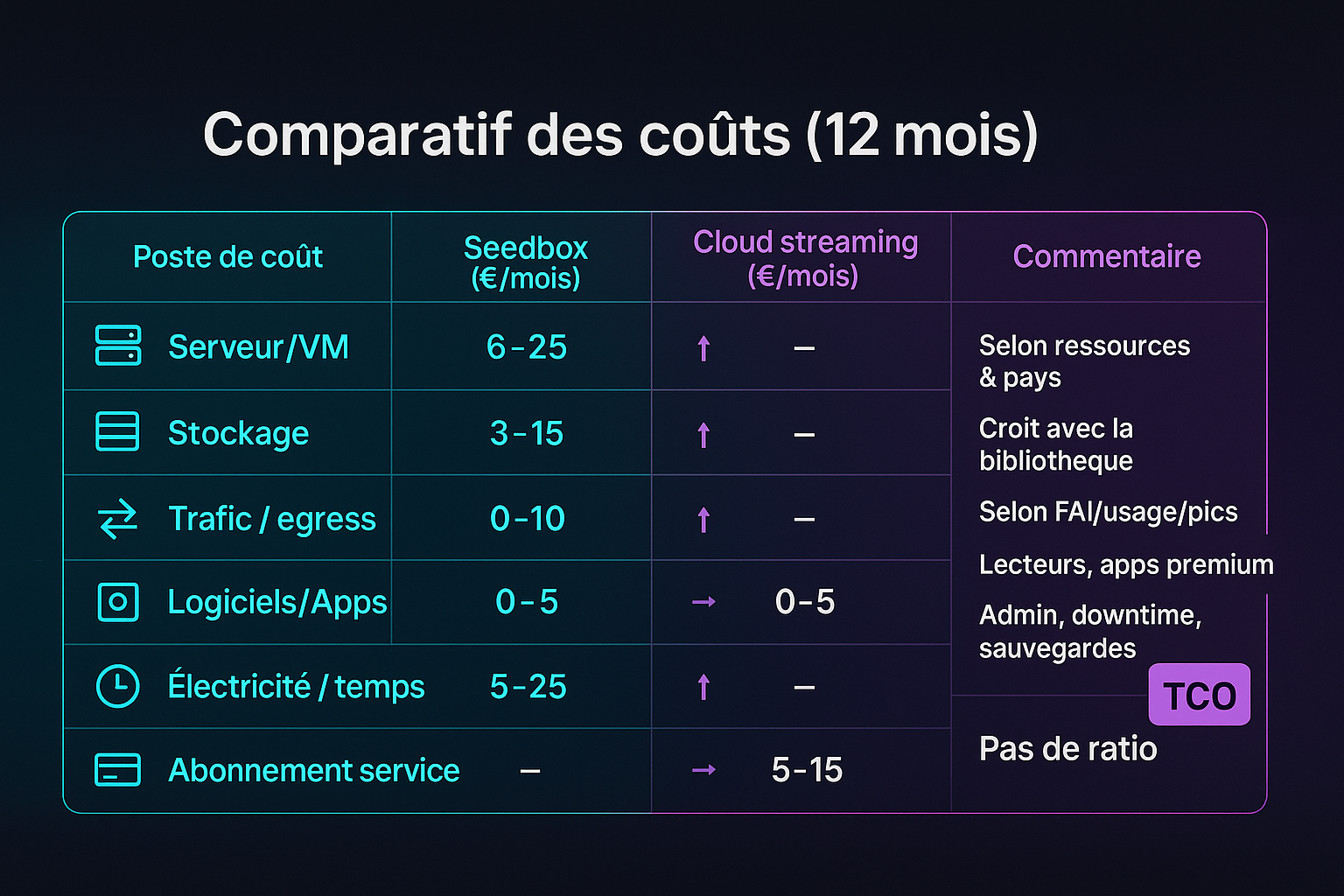 Tableau : Comparatif des coûts (12 mois) — seedbox vs cloud streaming